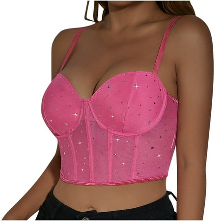 ZyeKqe Corset Crop Top for Women Mesh Sparkly Sequin Underwire Glitter Going out Tops Party Club Outfits