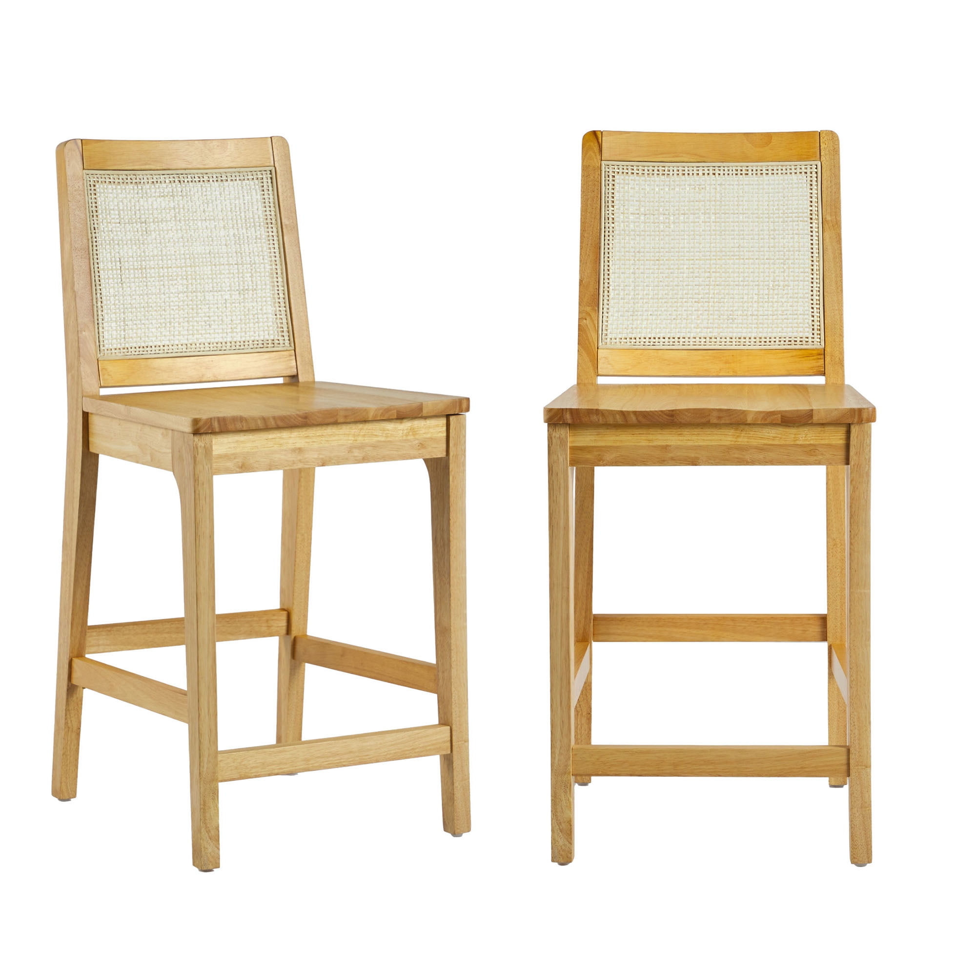 Walker Edison Collection Solid Wood Counter Stool with Woven Rattan Back, Natural (Set of 2)