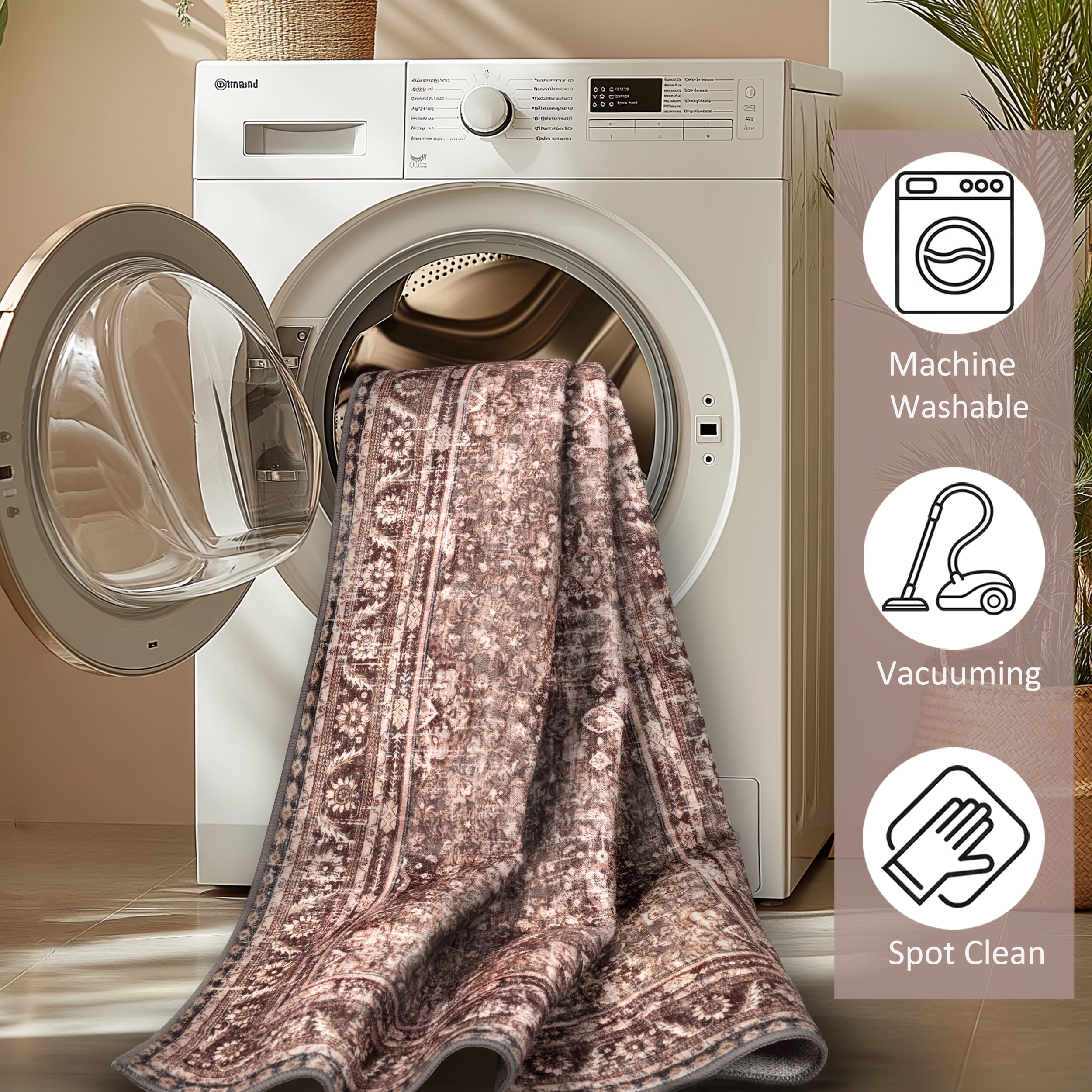 ARJINCUTE Distressed Vintage Low Pile Area Rugs 9'x12', Non-Slips Machine Washable Traditional Farmhouse Floor Carpet, Brown