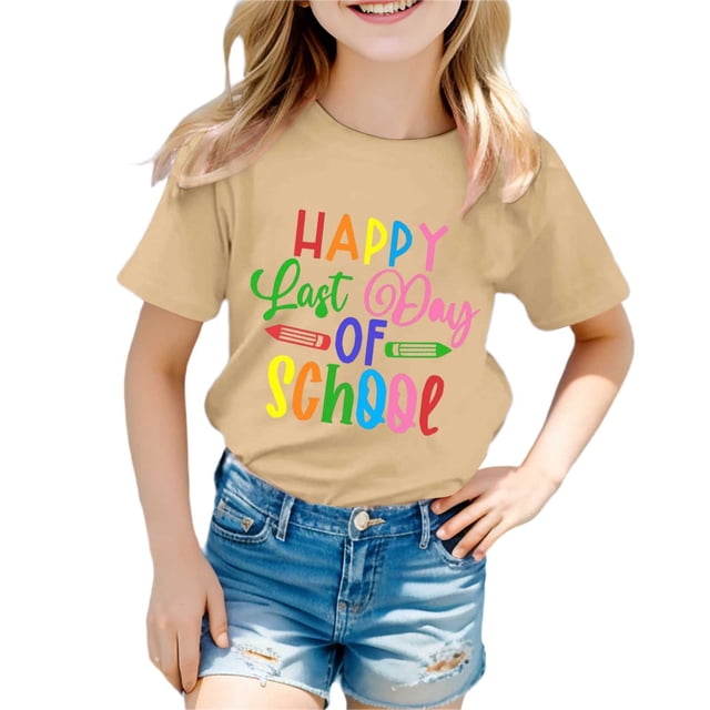 NINGMENG Hauts et T-Shirts pour Filles, Été, Rentrée Scolaire, Imprimé Lettre, Col Rond, Manches Courtes, Tee-Shirts Décontractés, Beige, 5-6 Ans