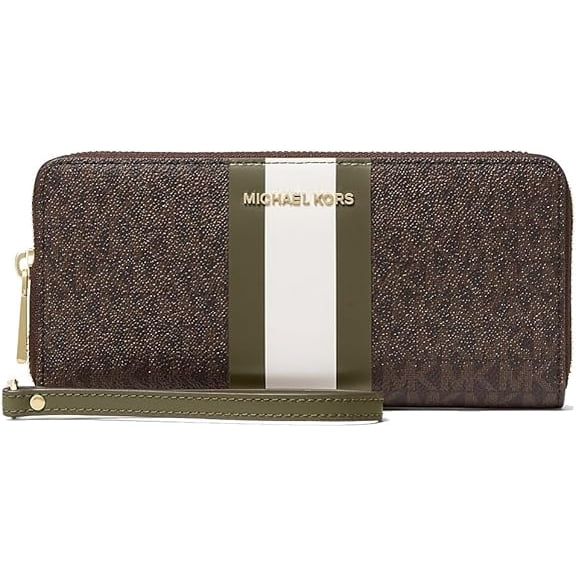 Michael Kors Large Jet Set  Travel Wallet Wristlet,Brown Monogram Olive Stripe
