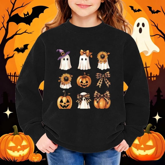 hengsof Girls Sweatshirts Halloween Printed Long Sleeve Crewneck Pullover Toddler Kids Winter Warm Shirt Sweater Tops 1-13Y