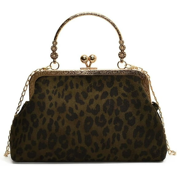 Small Leopard Suede Evening Clutch with Chain Printed Kiss Lock Evening Tote and Clutch Bag