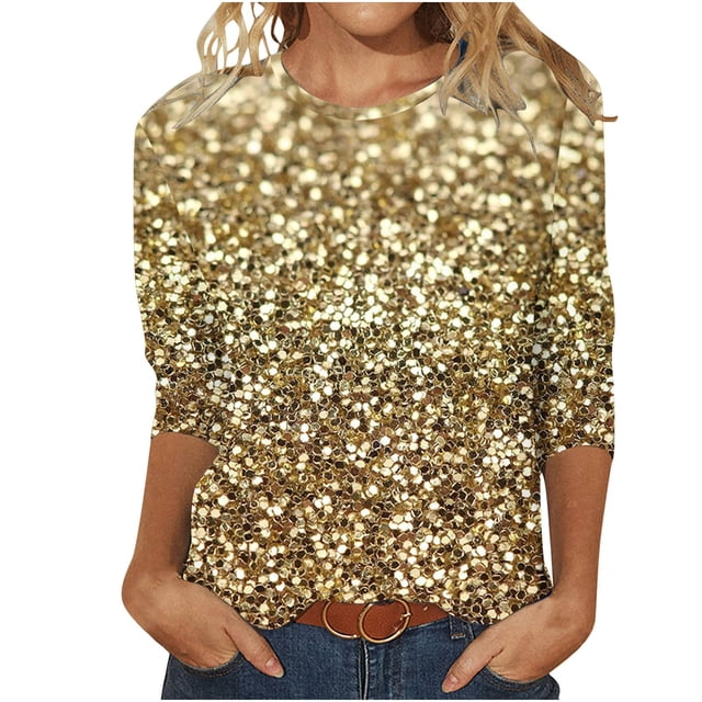 Besolor 3/4 Chemises Manches pour les Femmes 2024 Tops Scintillants de Mode pour les Femmes Casual Sortir Tunique Tee Tops Or 2