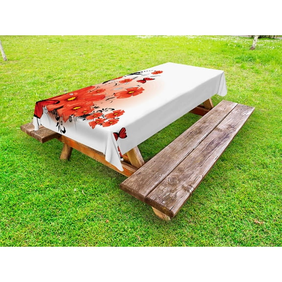 Poppy Outdoor Tablecloth, Floral Flash Background with Butterflies Spring Season Hope Inspiration Theme, Decorative Washable Fabric Picnic Tablecloth, 58 X 120 Inches, Red White Black, by Ambesonne