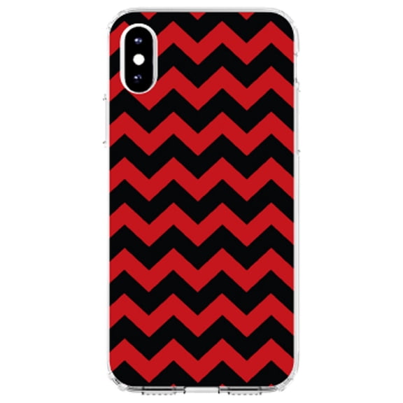 DistinctInk Clear Shockproof Hybrid Case for iPhone XS Max (6.5" Screen) - TPU Bumper, Acrylic Back, Tempered Glass Screen Protector - Black Red Chevron Stripes - Chevron Stripes Pattern