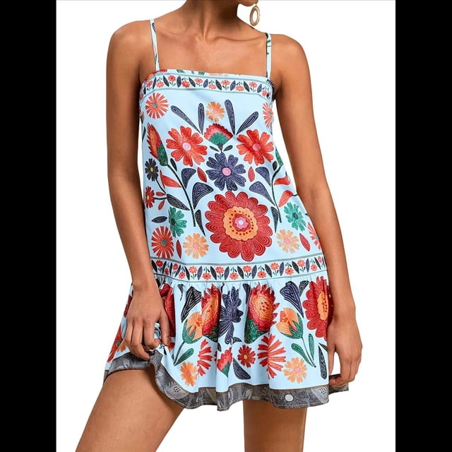 Vestido Minivestido Bohemio Floral con Tirantes Finos y Bajo con Volantes para Mujer para Vacaciones. Azul XL