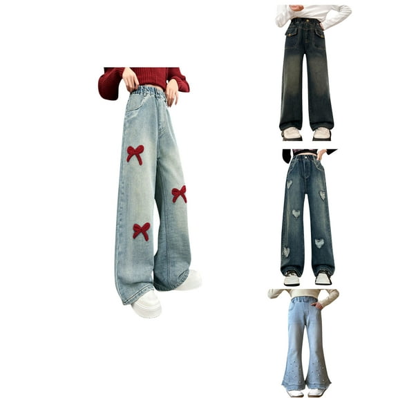 HAOTAGS Elastic Waist Long Jeans Teen Fashion Wide Leg Cargo Trousers Bootcut Pocket Girls Hop Streetwear Blue 7 Years