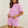 thumbnail image 3 of KIHOUT Women Solid Color Rib Knit 2 Piece Outfits Short Sleeve Crew Neck Top and Shorts Set Loose Fit Casual Tracksuit for Summer Daily, 3 of 3