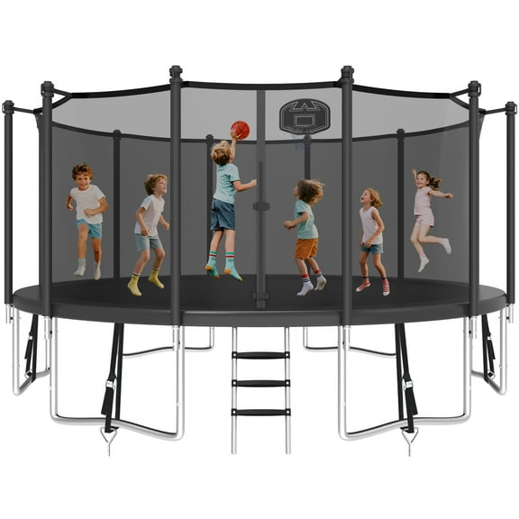KOFUN 1500LBS 16FT Trampoline for Kids and Adults Outdoor Backyard Trampoline with Safety Enclosure Net, Basketball Hoop, 4 Anchor Kits, Ladder, A Ball, Black