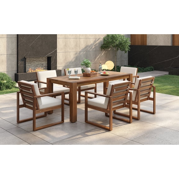 7-Piece Acacia Wood Patio Dining Set for 6 with Umbrella Hole Beige
