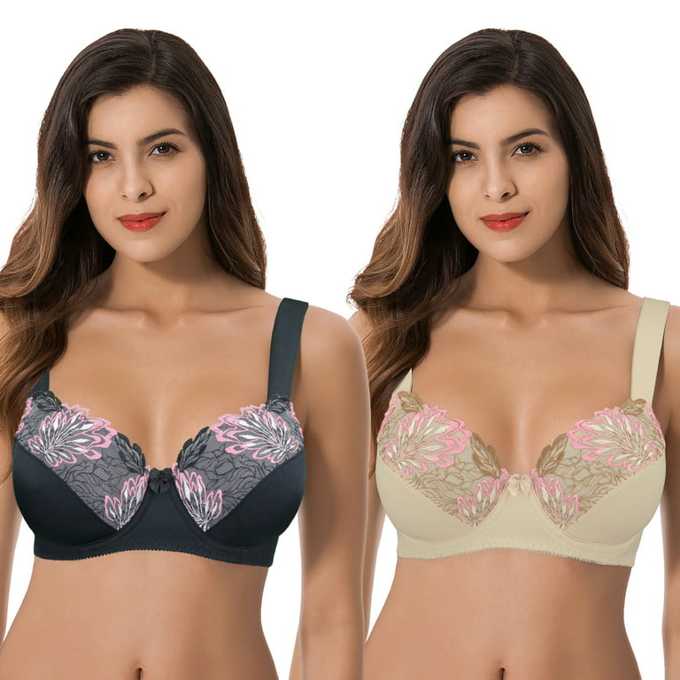 Curve Muse Women's Plus Size Minimizer Wireless Unlined Bra with Embroidery  Lace-2Pack-BUTTERMILK,SERENITY-48C