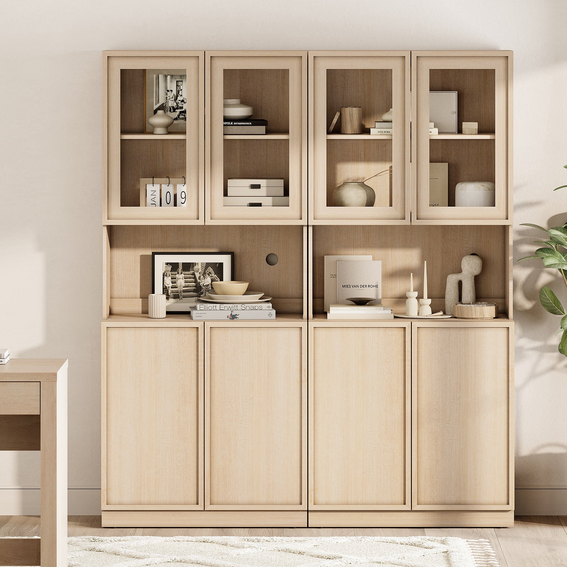 Modern 72" Tall Bookshelf with Glass Doors & Adjustable Shelves, Wood Bookcase with Closed Storage Cabinet,Beige