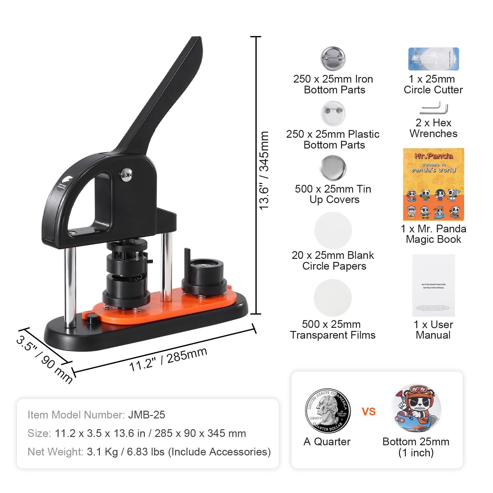 Button Maker Machine 1 Inch with Mr. Panda Design, 250pcs Button Parts, Ergonomic Handle, Circle Cutter, for DIY Badges Pins