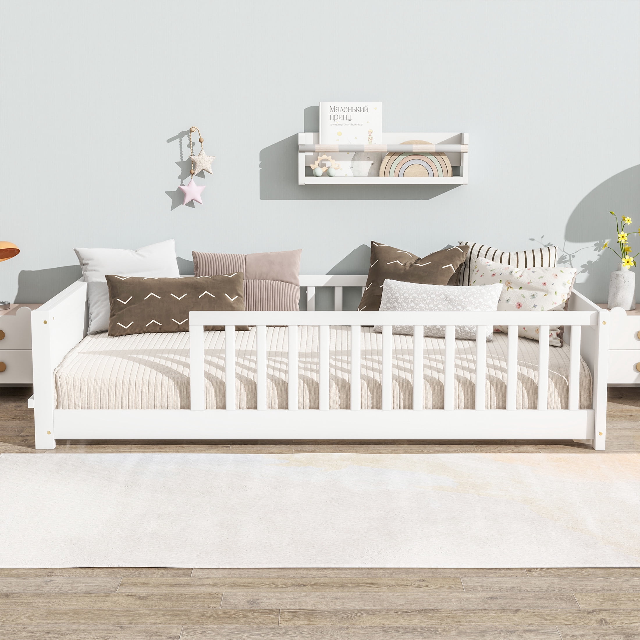 Noble House Devon Twin Floor Bed with Built-in Book Rack, Sturdy Rubber Wood Montessori Bed with Fence, White