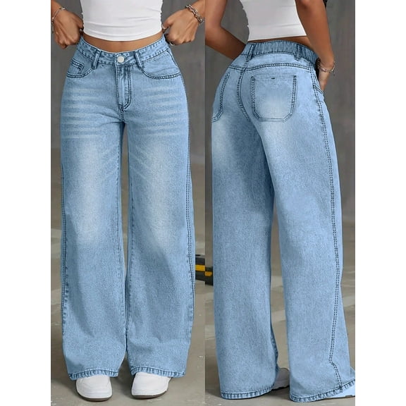 Women's High - Waisted Wide - Leg Jeans Loose Fit Elegant Drop Hem Denim Pants With Button Retro Casual Trend Cotton Denim Classic Button Pocket Design Light Blue Wash Fashion Everyday Pants
