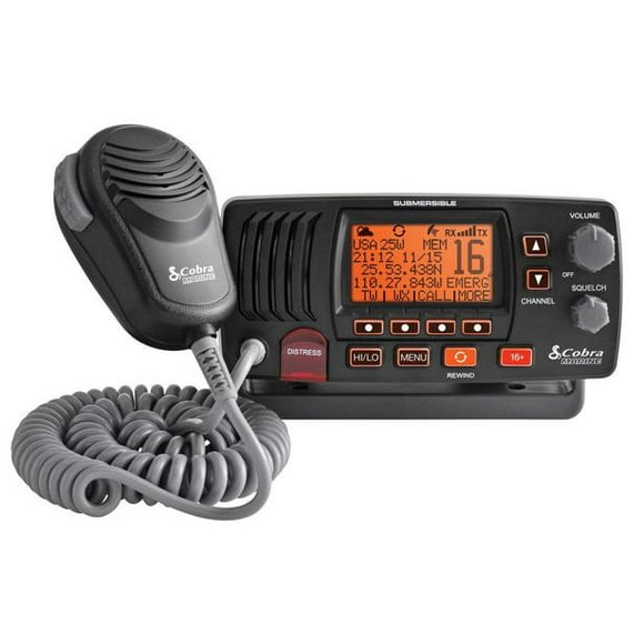 Cobra Electronics VHF Radio Série Marine MR F57B; Montage Fixe; Canaux Américains / Canadiens / Internationaux; 1 Ou 25 Watts; Canaux NOAA / Canal Instantané 16/9; avec Capacité GPS