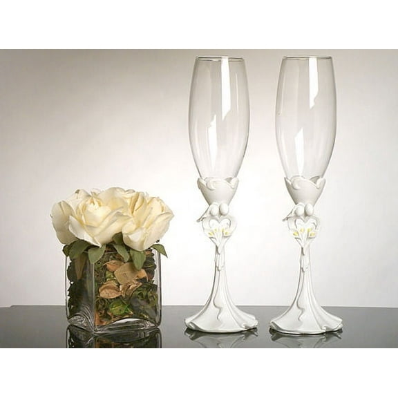 Bride and Groom with Calla Lily Bouquet Toasting Glasses