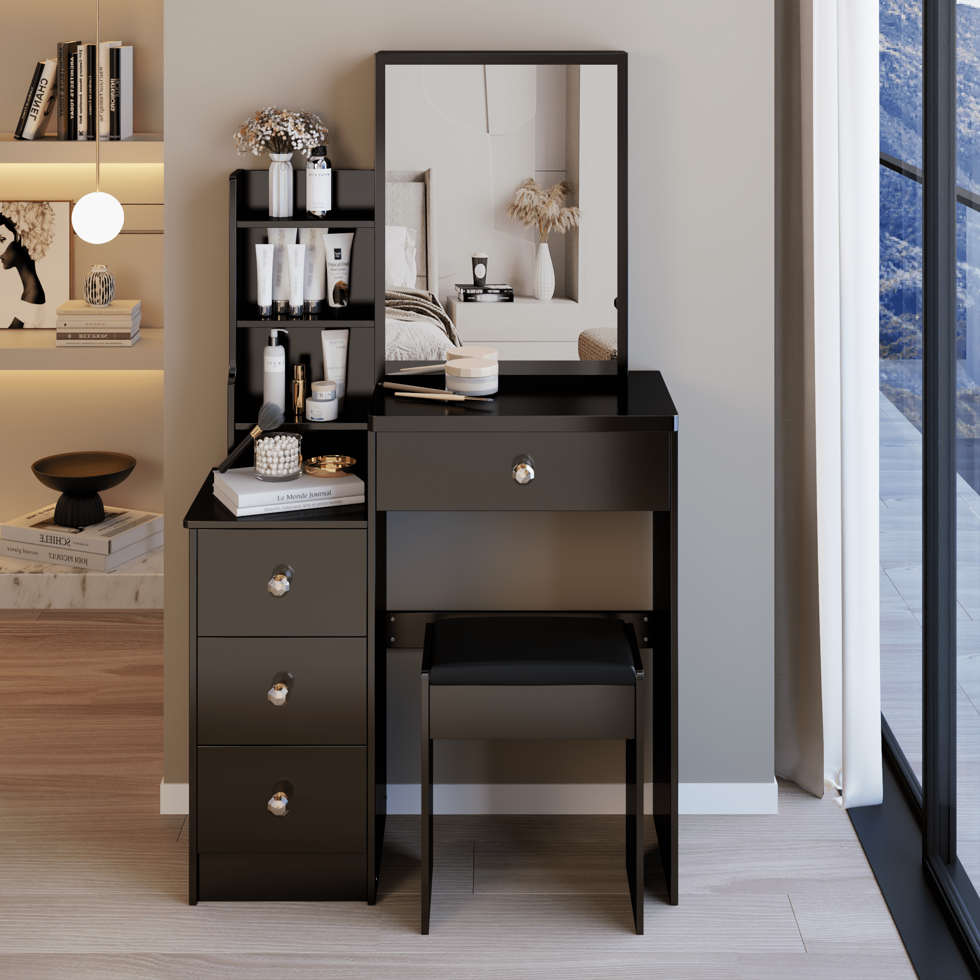 29.2" Small Space Left Bedside Cabinet Vanity Table + Cushioned Stool, Extra Large Right sliding mirror, Multi Layer High Capacity Storage, Practical Fashionable Dresser, Suitable For Small Space