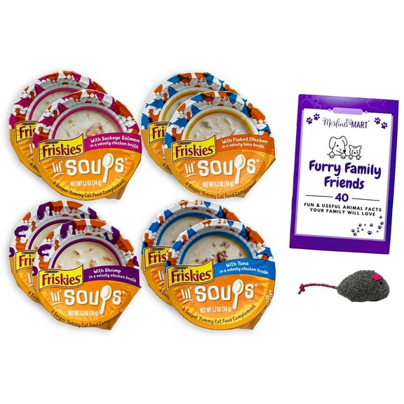 Friskies Lil Soups Adult Cat Food Topper Variety - 4 flavors - 2 each: Salmon, Chicken, Tuna, Shrimp (1.2 oz.)   MerlinsMart Zine | Catnip Toy