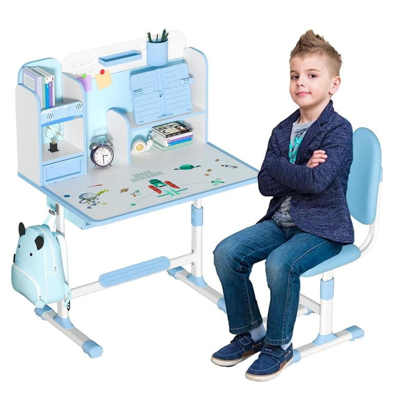 YNCE Kids Functional Desk and Chair Set, Ergonomic Height Adjustable Children School Study Desk with Book Stand, Storage Drawer and Metal Hook for Boys Girls