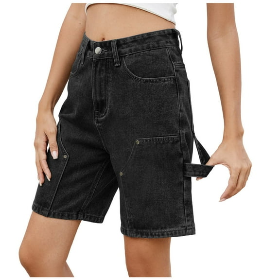 Olyvenn Women's Streetwear Denim Jean Shorts - Stretchy High Waisted Casual Summer Bermuda Shorts with Pockets Black M