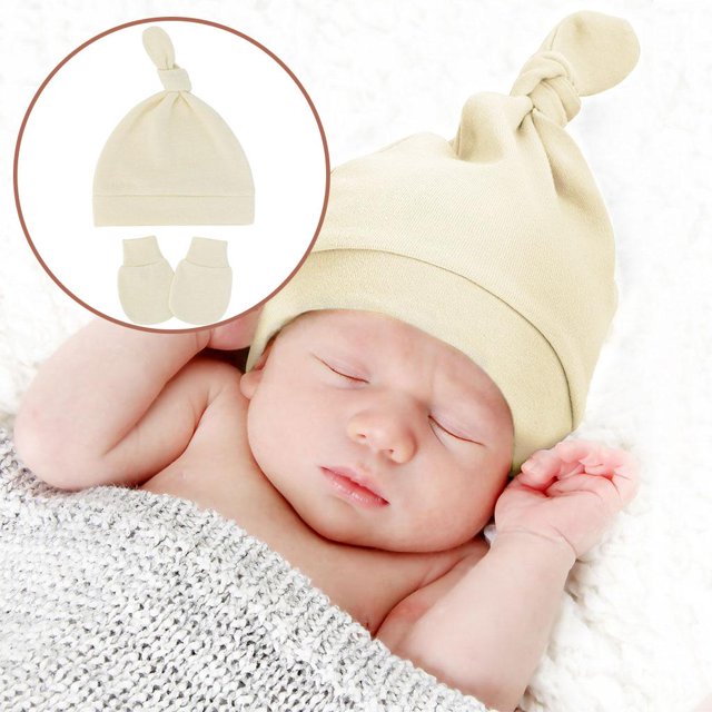Gorros y suaves y transpirables de para bebés , gorros con nudo para recién nacidos, guantes sin arañazos para Beige CUTICAT guantes de gorro de recién nacido