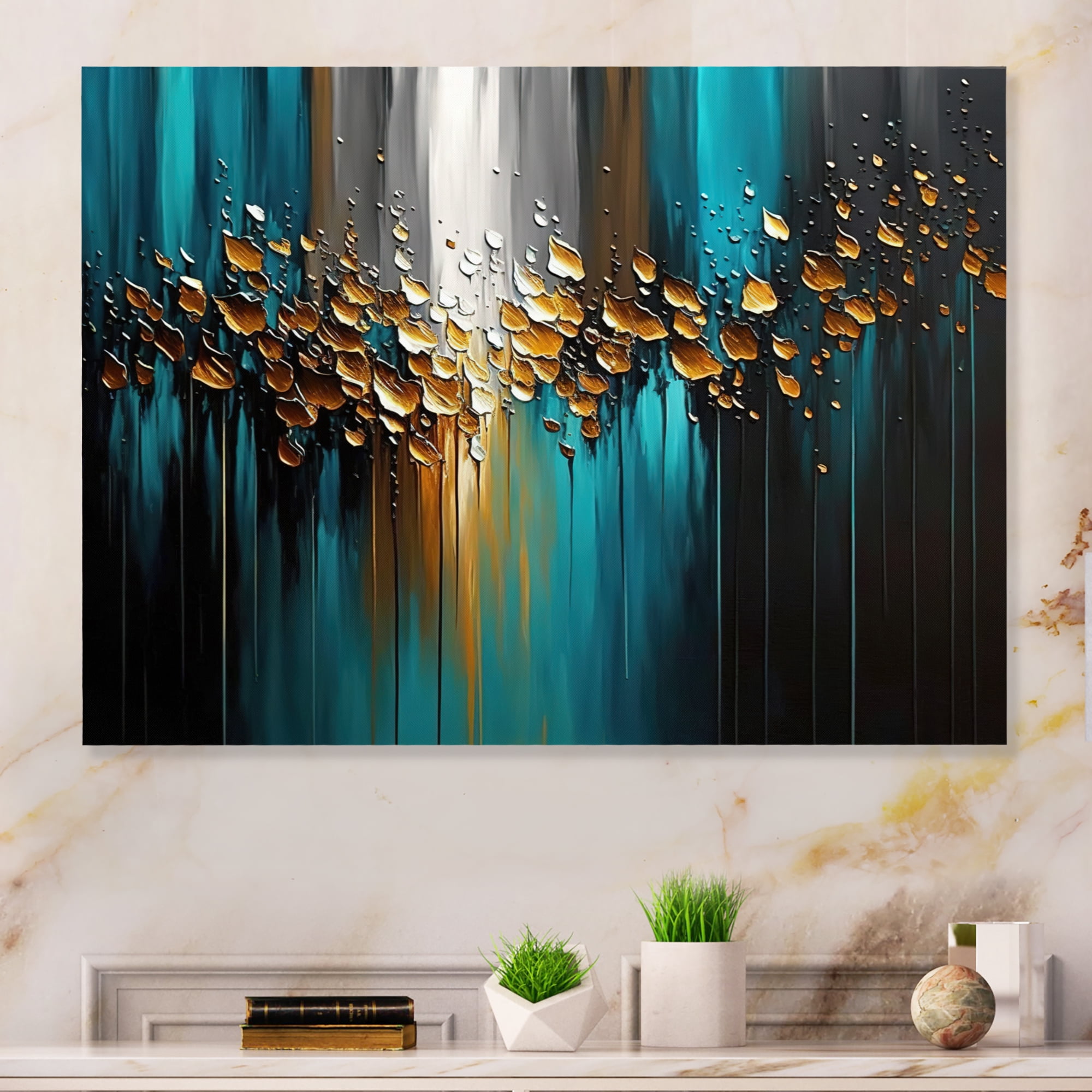 Designart Abstract Geometric Green And Gold Canvas Wall Art