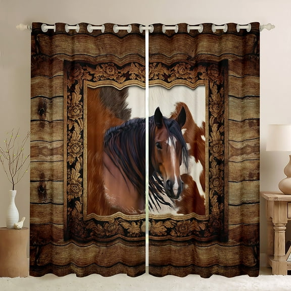 Homewish Teens Farmhouse Animal Horse Black Out Curtains,Lodge Cabin Curtains Pack of 2 (42x63 Each),Retro Vintage Bedroom Curtains,Super Cozy Room Decor