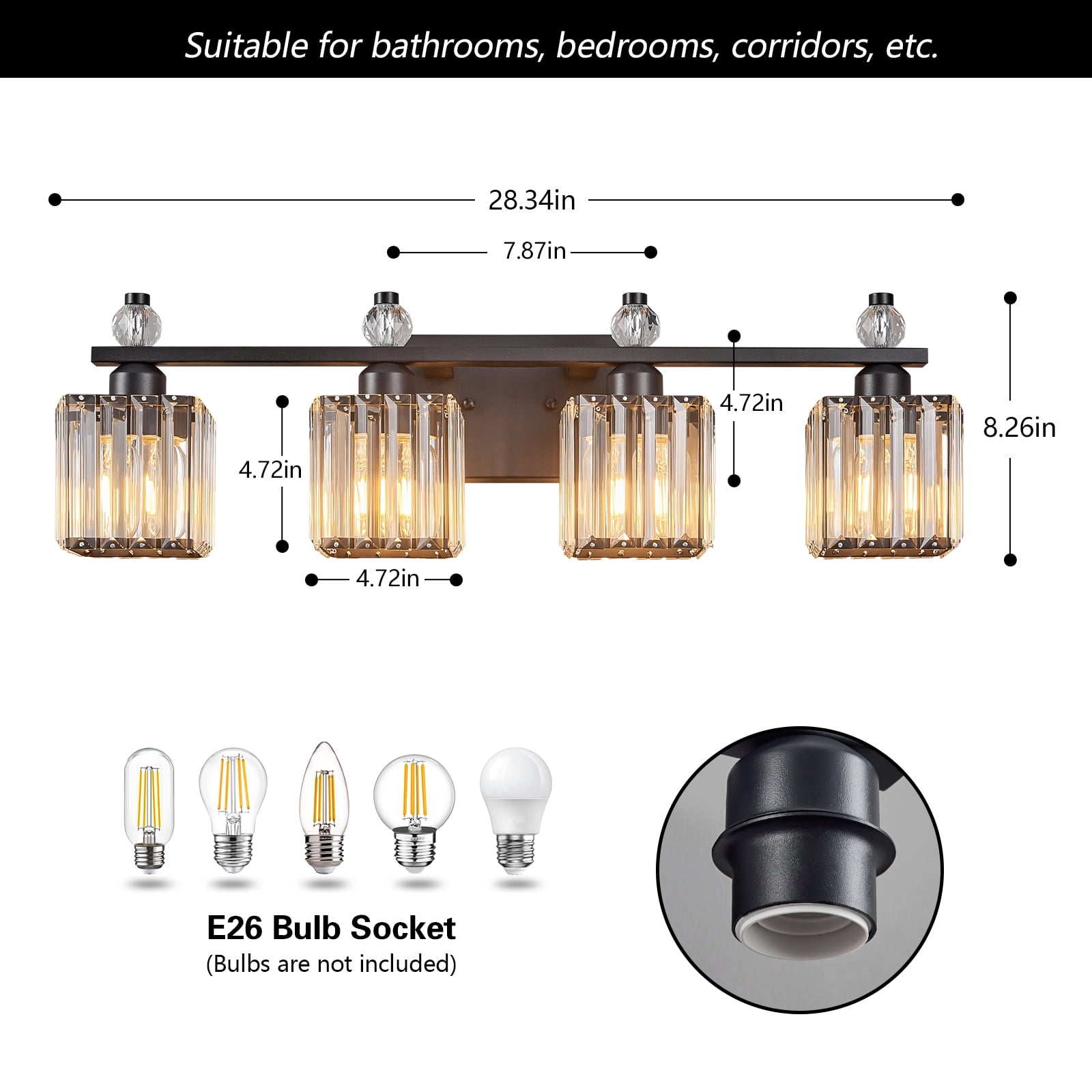 LMQNINE 4-Light Crystal Bathroom Vanity Light Over Mirror,28.34"L Modern Sand Black Fixture, Dimmable and Moisture-Resistant