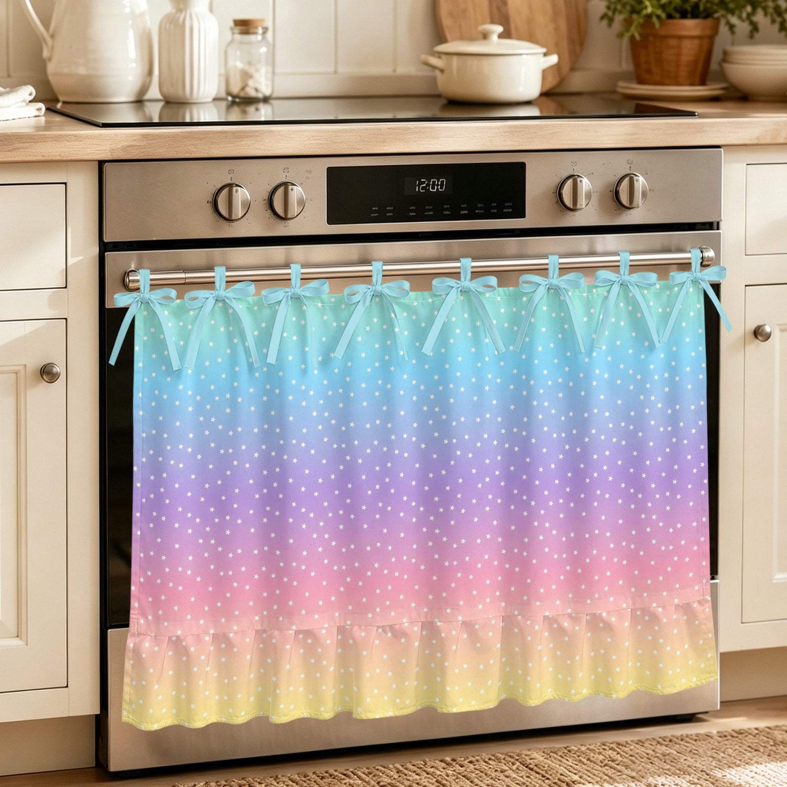 Rainbow Oven Skirt for Farmhouse Kitchen D&eacute;cor Colorful Gradient Abstract Polka Dots Boho Pastel Oven Curtain Tie Top Decorative Stove Skirt Cabinet Dish Washer Curtains with 8 Ribbon Ties 32 x24