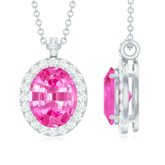 Rosec Jewels Oval Shape Lab Grown Pink Sapphire Pendant with Diamond Halo (AAAA Quality), 925 Sterling Silver