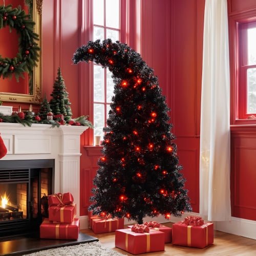 6FT Pre-Lit Black Artificial Christmas Tree with 250 LED Lights, Curved Shape, 900 Tips, Whimsical Xmas Tree for Holiday Decor