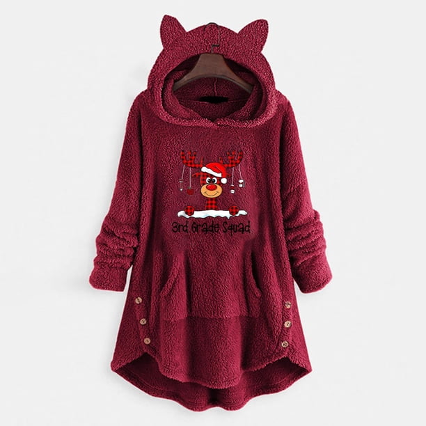 Puntoco Mujer Casual Navidad Impresión Botones De Felpa Manga Larga Con Capucha Abrigo De Felpa Top Rollbacks Puntoco Puntoco-4196