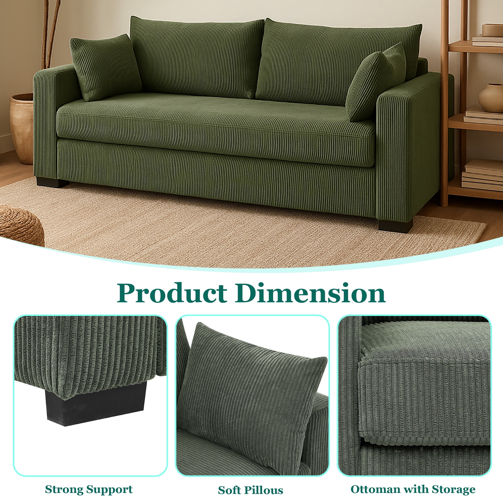 MOONMISS 79" Corduroy Sofa,3 Seater Sofa with Extra Deep Seats,Comfy Upholstered Couch for Living Room,2 Pillows,Green