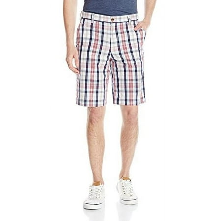 IZOD Men's Flat Front Poplin Plaid Short, Vivid Dark Midnight, 32W