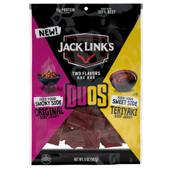 Jack Link's DUOS Original and Teriyaki Beef Jerky, 5 Ounce, 11g of Protein, Resealable Bag