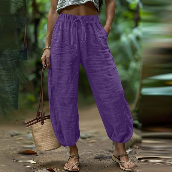 Pounoo Women's Pants Elastic Drawstring Waist Balloon Leg with Pockets Lightweight Casual Trousers for Summer and Vacation Wear Gift