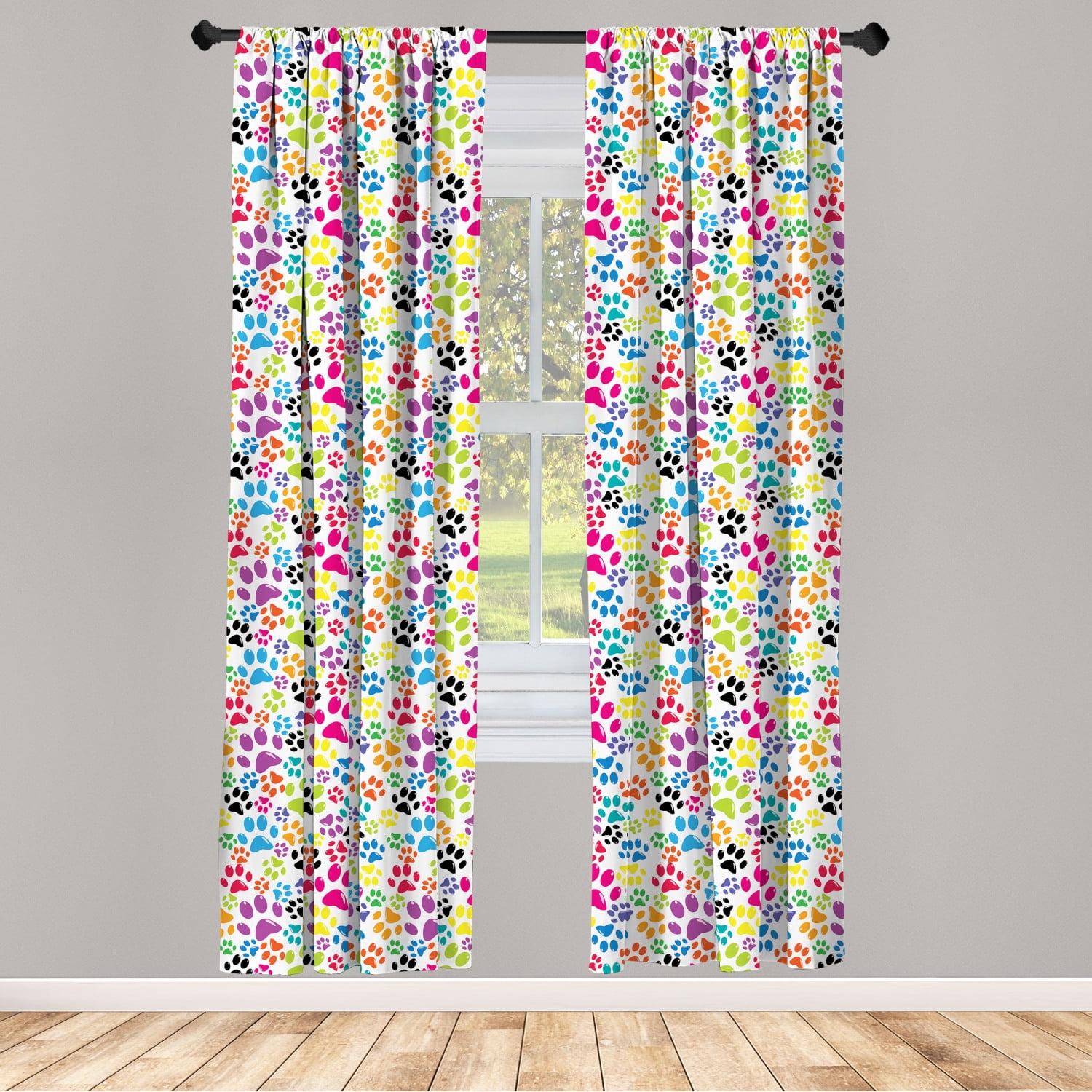 Dog Curtains 2 Panels Set, Colorful Little Paws Steps Childish Artwork