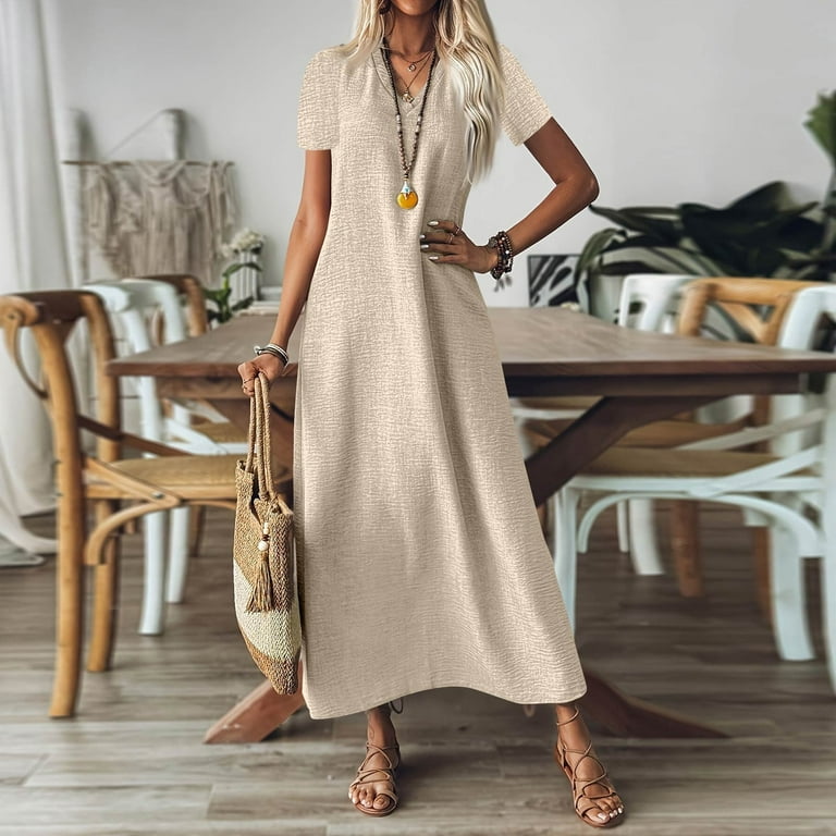 Tianiyouqing Womens Linen Dresses Summer Cotton Zipper Up Flowy Trendy Wedding Guest Long Dresses V Neck Short Sleeve Going Out Cocktail Tank Dresses
