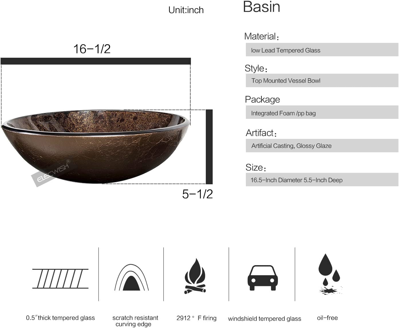 ELECWISH Bathroom Vessel Sink with Faucet Mounting Ring and Pop Up Drain 16.5 Inch Tempered Glass Basin (Brown)