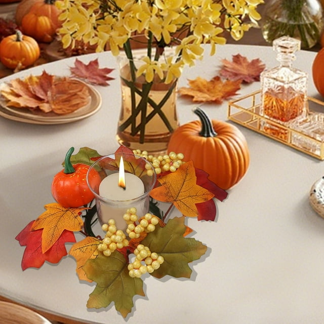 Corona de vela de hoja de arce sintética 24cm | Decoración de la mesa de Acción de Gracias de la Cosecha de Otoño | Anillo multicolor de bayas de calabaza para candelabros, faroles y centro de mesa