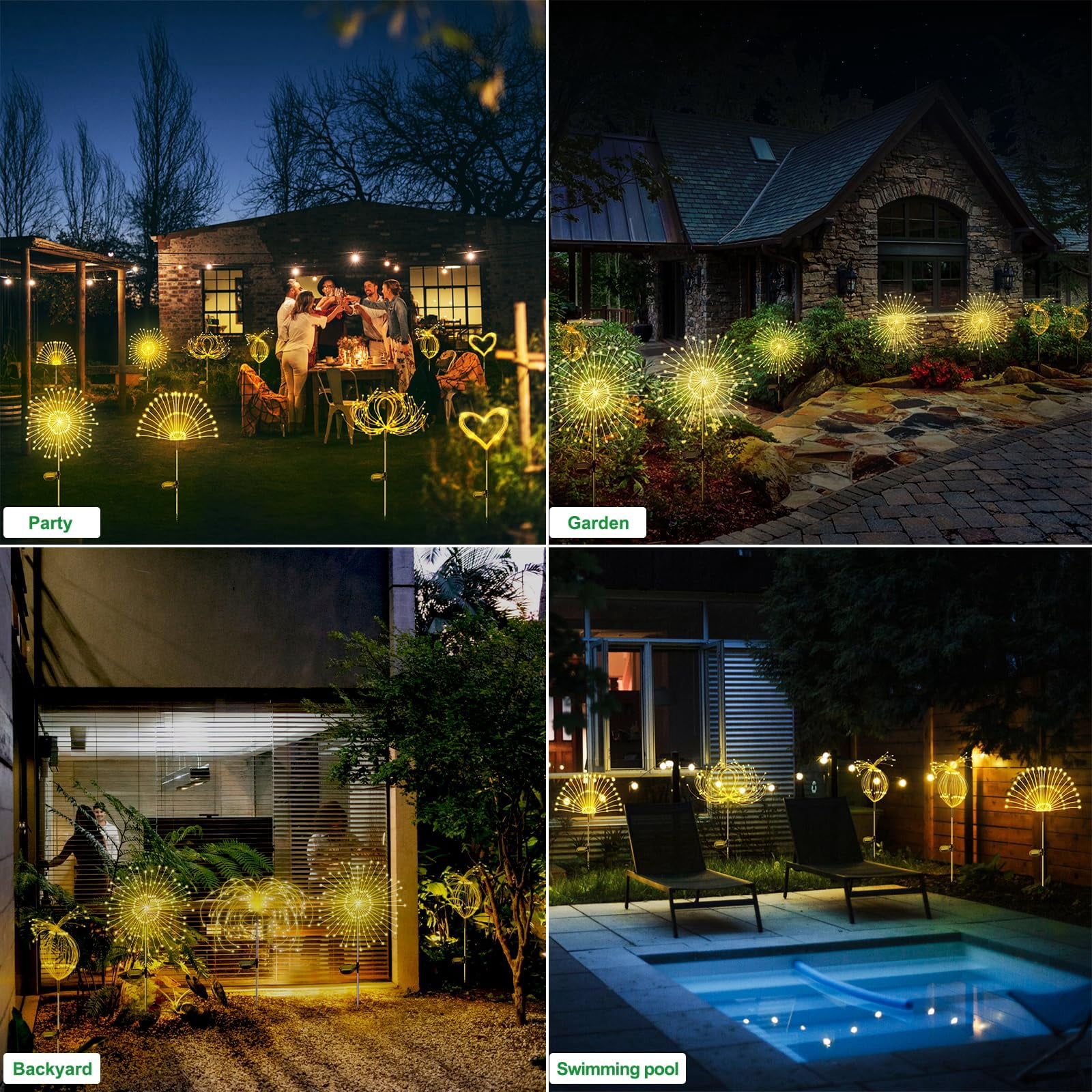 NITIDSKY 2 pack 360 LED Outdoor Solar Christmas Lights Solar Firework Lights with 8 Modes Outdoor Waterproof Garden Lawn Walkway Yard Decoration, Warm White