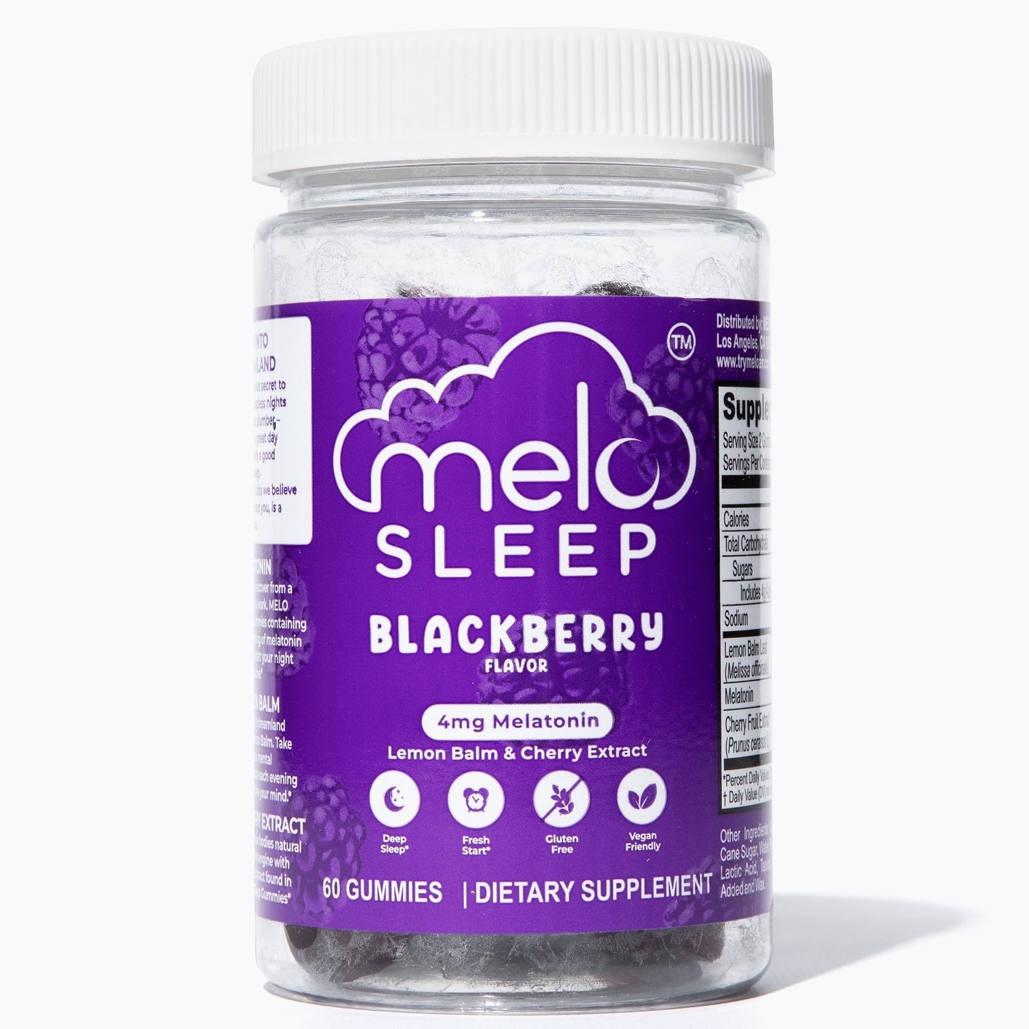 MELO Blackberry Sleep Gummies – 60 ct, 2 mg Melatonin per Gummy (4 mg per Serving) – Low Sugar, Gluten-Free, Soy-Free Sleep Aid with Lemon Balm, 30 Servings