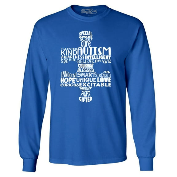 Shop4Ever Men's Autism Awareness Puzzle Piece Word Cloud Long Sleeve Shirt Medium Royal Blue