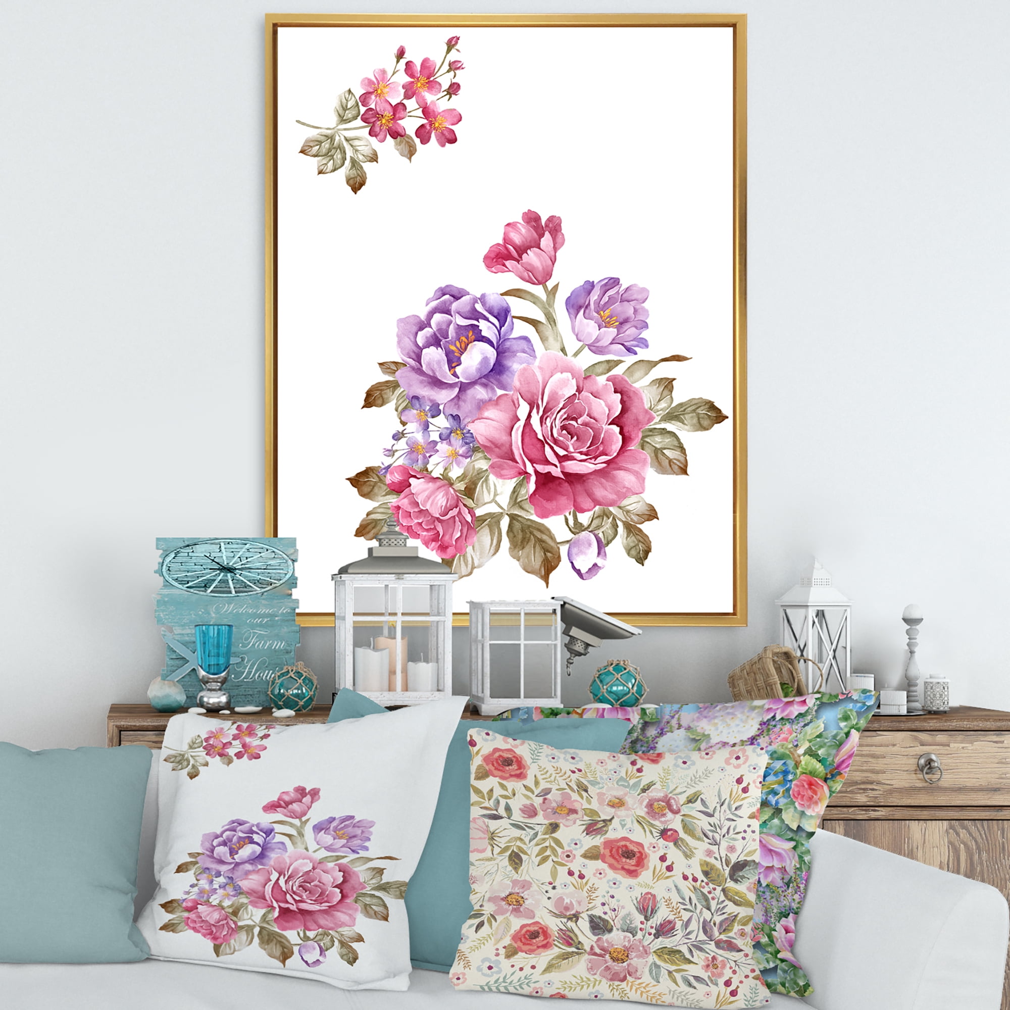 Designart 'Bouquet of Purple and Pink Flowers I' Farmhouse Framed Canvas Wall Art Print