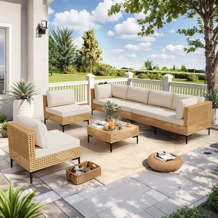 Paito Furniture Set, 110" Large 7-Piece Wicker Outdoor Conversation Set with Coffee Table, Boho Outdoor Sectional Furniture with All-Weather Cushions for Backyard, Porch, Beige