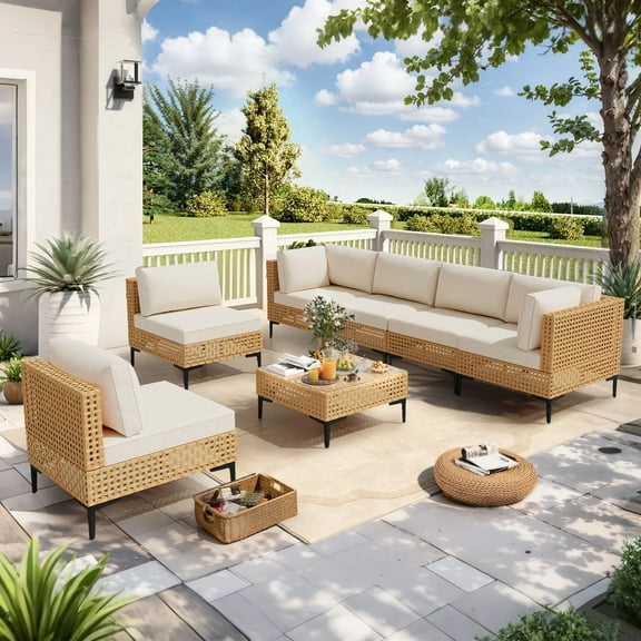 Paito Furniture Set, 110" Large 7-Piece Wicker Outdoor Conversation Set with Coffee Table, Boho Outdoor Sectional Furniture with All-Weather Cushions for Backyard, Porch, Beige