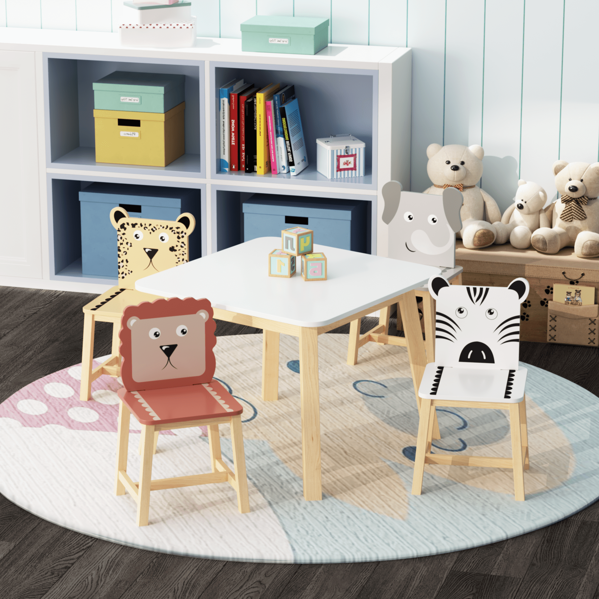 Kids Furniture 5 Piece Kiddy Table and Chair Set , Kids Wood Table with 4 Chairs Set Cartoon Animals (bigger table) (3-8 years old),Baby Furniture