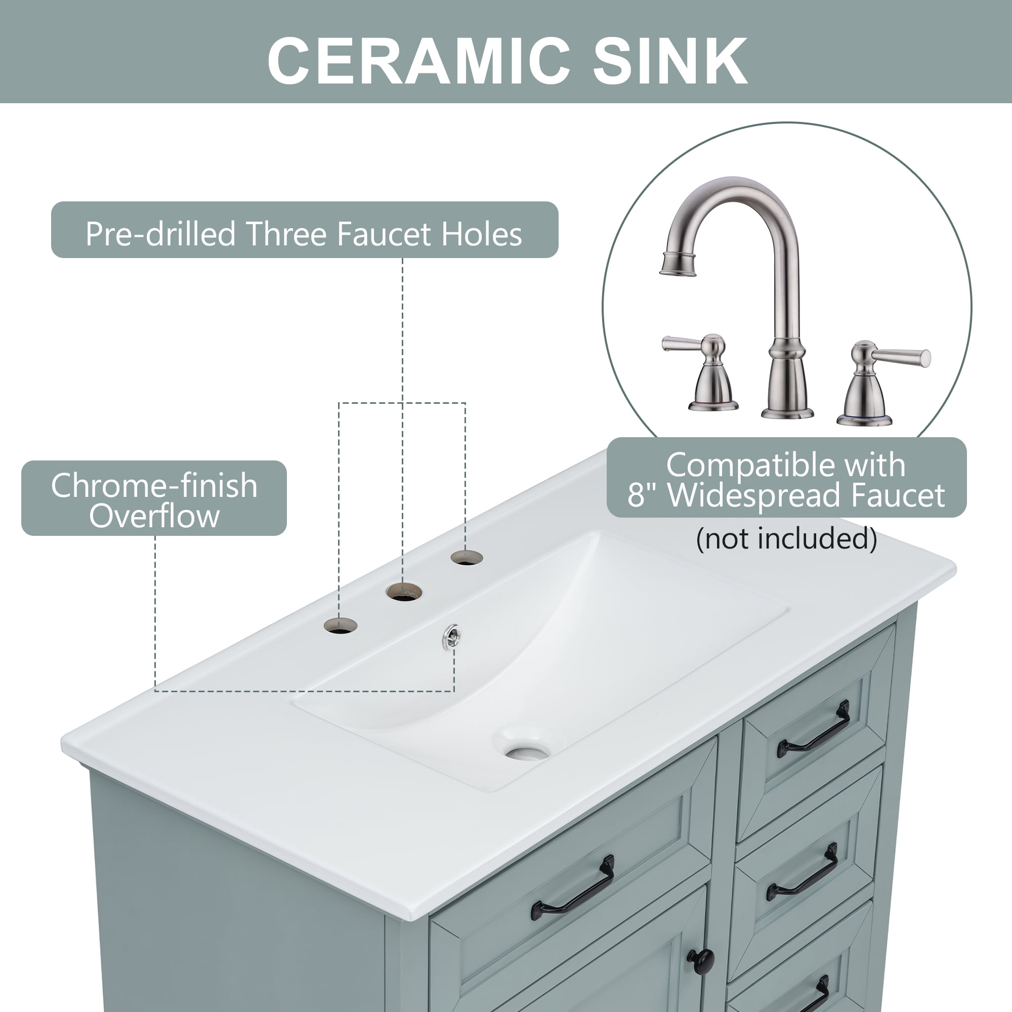 Euroco 36" Bathroom Vanity with Sink, Ceramic Sink, 2 Tip-out Drawers, Soft Close Door Hinges